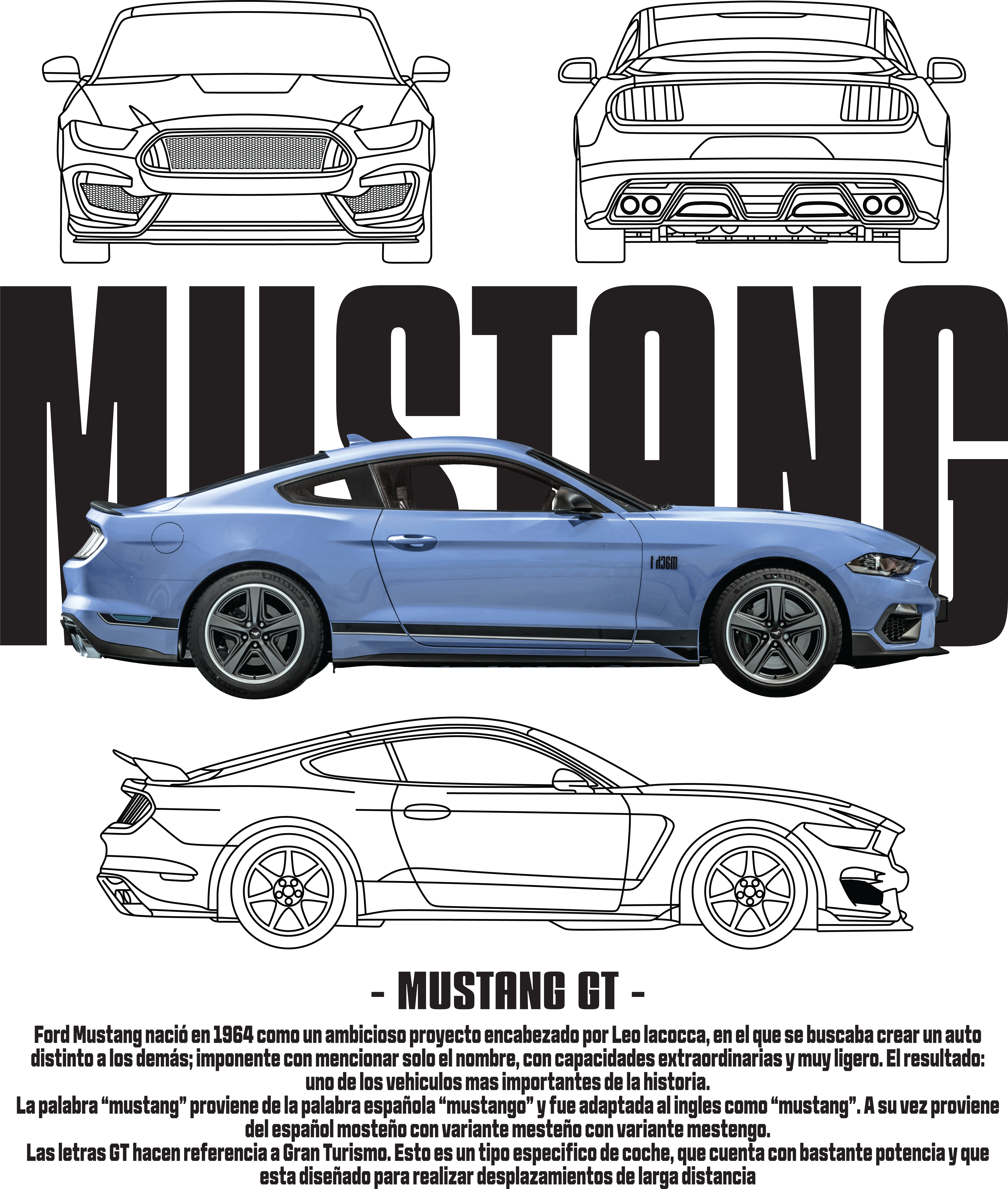 Ford Mustang GT T-Shirt – Classic Muscle Car Blueprint Graphic Tee for Car Enthusiasts